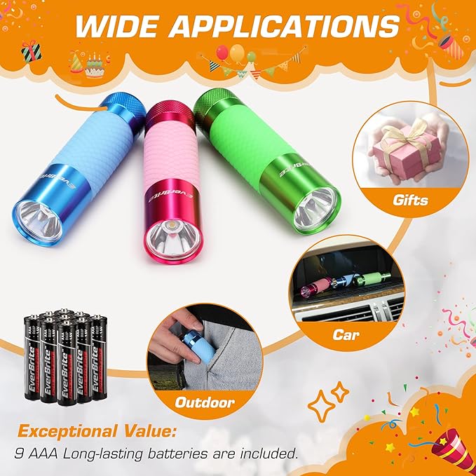 EverBrite 3-Pack Mini Flashlights, Glow in Dark Flashlights, Aluminum LED Flashlights Party Favors Assorted Colors for Camping, Hiking, Indoor, 9XAAA Batteries Included
