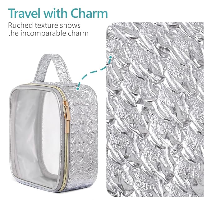 PACKISM TSA Approved Toiletry Bag - Ruched Textured Clear Makeup Bag, Metallic Silver, with 180° Large Opening and Supporting Frame, Perfect for Travel Essentials, Thick No Smell