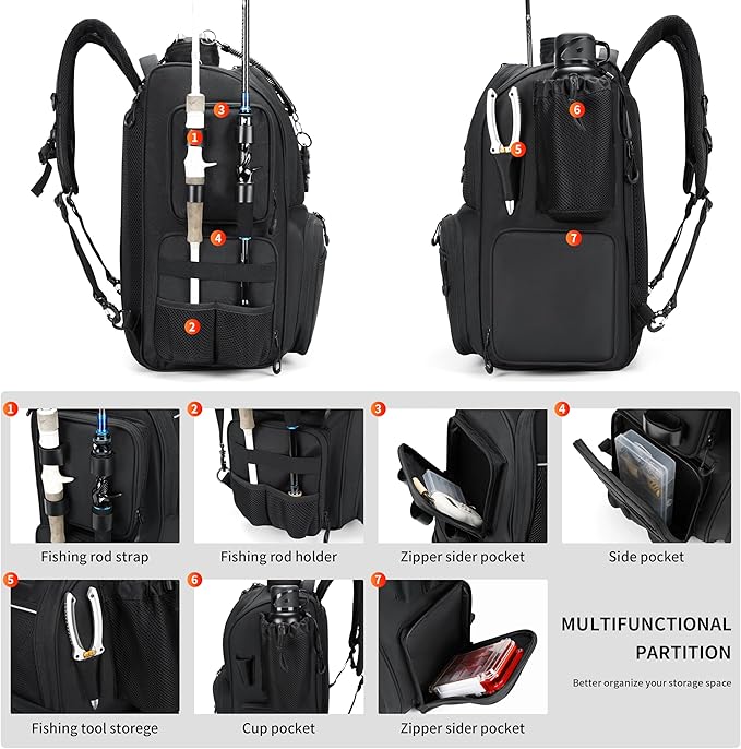 Rabjen Fishing Tackle Backpack with Rod Holders, Bottle Holder, Storage Bag Store Fishing Gear