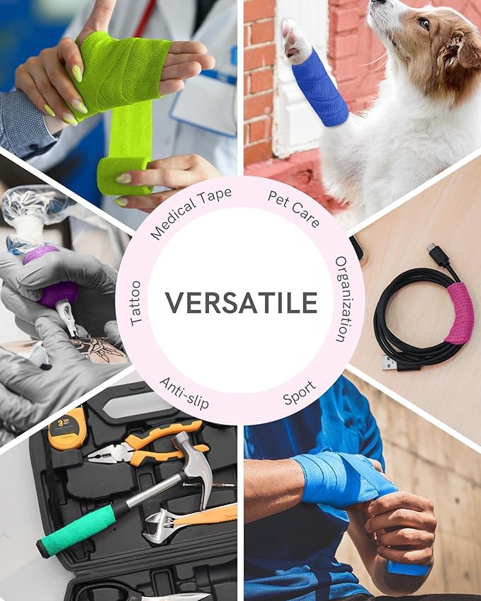 FriCARE Self Adhesive Bandage Wrap, Medical Tape in First Aid Kit, Cohesive Bandages for Wounds Sport Vet, FSA/HSA Eligible, 2 Inches X 5 Yards 16 Rolls, Glowing