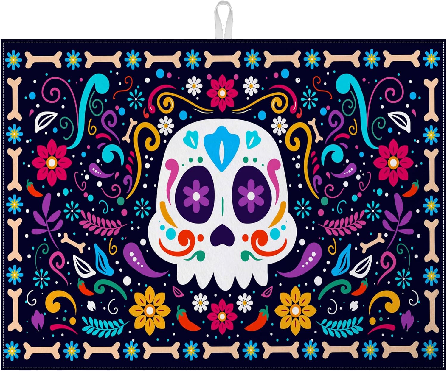 Sugar Skull Dish Drying Mat for Kitchen Counter Microfiber Absorbent Dish Day of the Dead Kitchen Drying Mat Draining Reusable Washable for Dishes/Utensils/Counterto