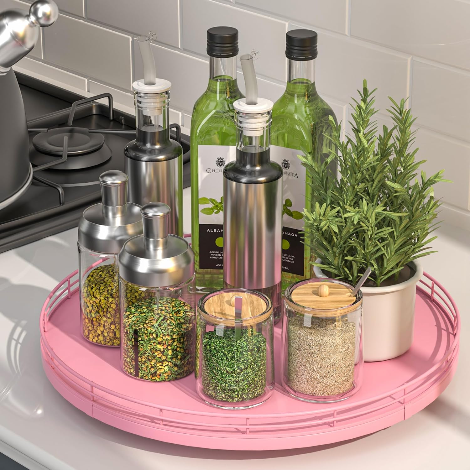 13" Oak Wood Lazy Susan Organizer, Lazy Susan for Cabinet Dining Table Pantry Wood Turntable Organizer Tray for Coffee Table Kitchen Countertop Spinning Spice Can Organization and Storage Round Pink