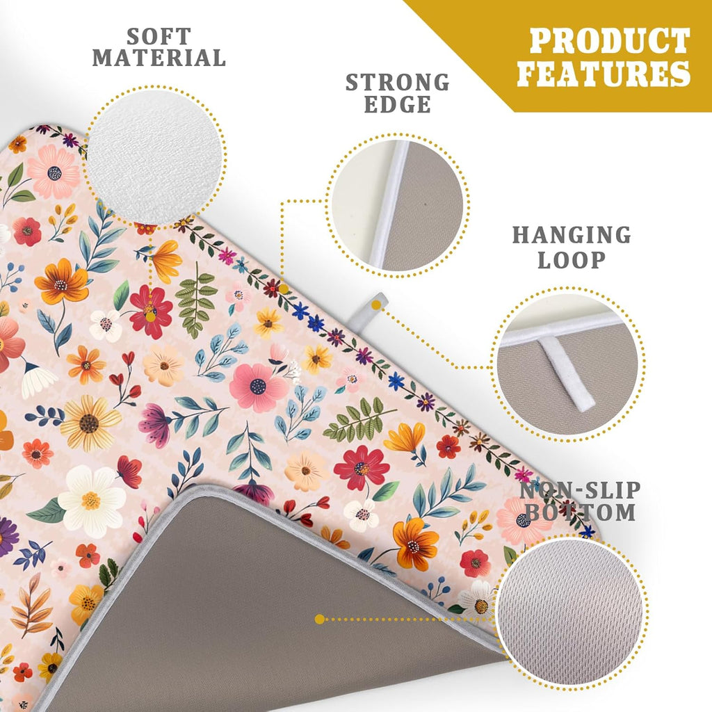 Spring Flowers Dish Drying Mat - Summer Pink Floral Washable Decorative Drying Pad for Women Home Kitchen Decor