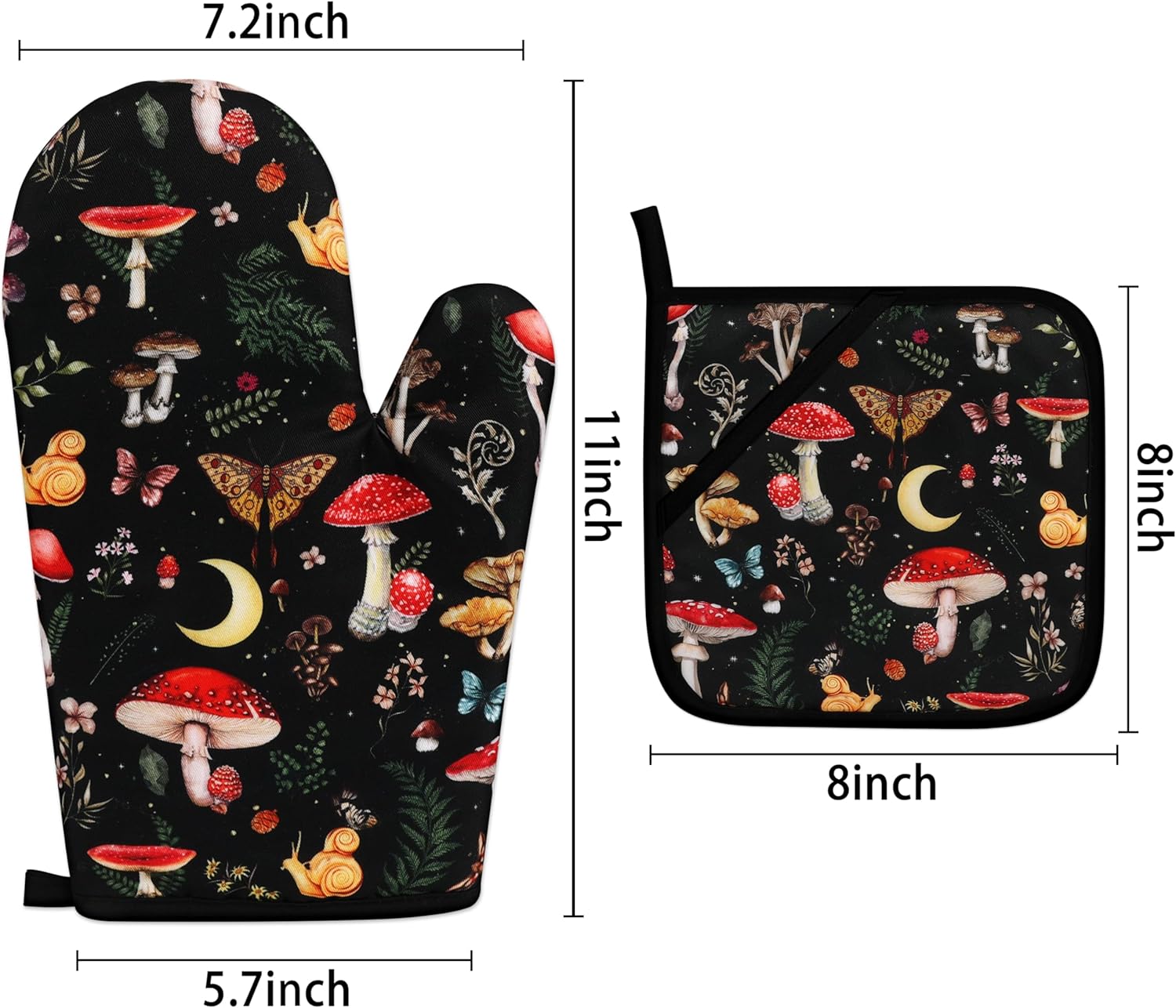 Mushroom Oven Mitts and Pot Holders Sets Cute Oven Gloves Heat Resistant 4 Pcs Funny Decorative Kitchen Hot Pads and Mitts for Baking Cooking Grilling