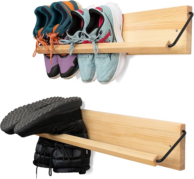Wall Mounted Shoe Rack - A Wooden, Modern, Slim, and Small Shoe Storage Solution for Shoes and Boots in Narrow Spaces, entryways, or hallways. (30-in-Wide, Pack of 2)