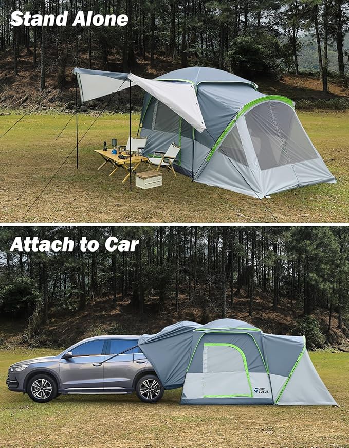 JOYTUTUS SUV Tent with Screen Porch and Awning for Family Camping, 60% More Space Car Tent for 5-9 Person, Dual-Use SUV or Camping with Rainfly, Double Door, Starry Sky Roof, Fit for SUV Car Van