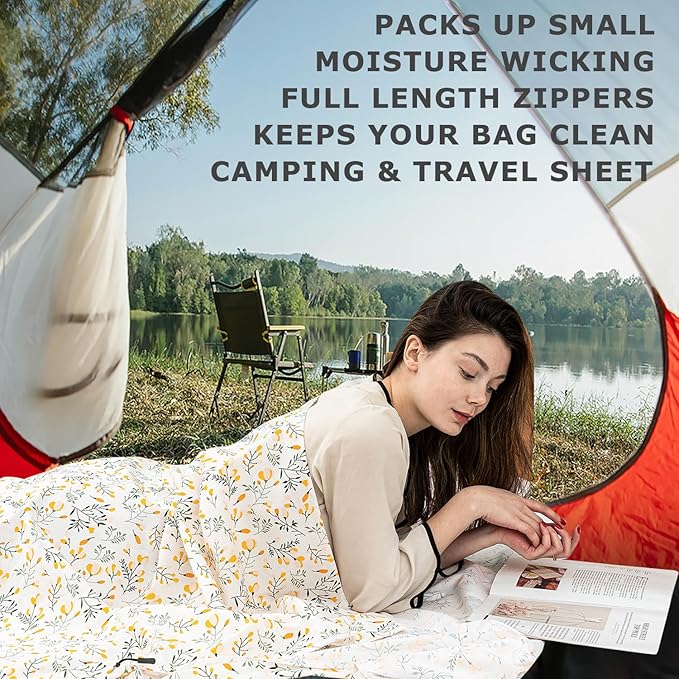 100% Cotton Sleeping Bag Liner with Full Length Zipper on 3 Sides; Single/Double Adult Sleep Sack for Travel & Camping, Multifunctional Travel Sheets (Unzipped 87”x87”) for Hotel, Lightweight