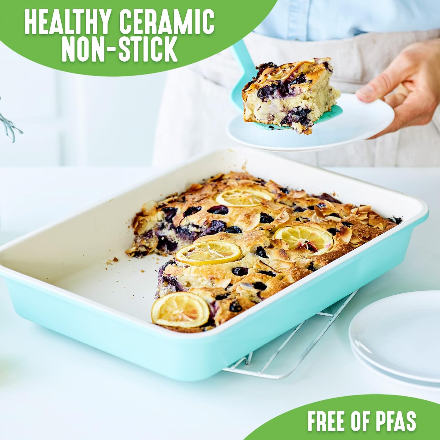 GreenLife Bakeware Healthy Ceramic Nonstick, 4 Piece Toaster Oven Baking Set with Cookie Sheet Muffin and Cake Pan, PFAS-Free, Turquoise