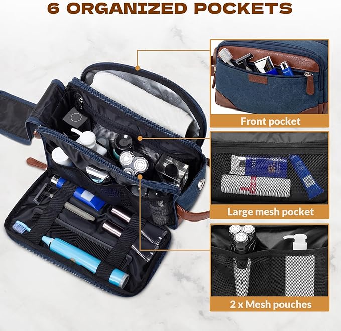Travel Toiletry Bag for Men - Canvas Toiletries Bag with Multiple Pockets Large Hanging Dopp Kit Travel Bag for Toiletries Essentials Accessories - Navy Blue