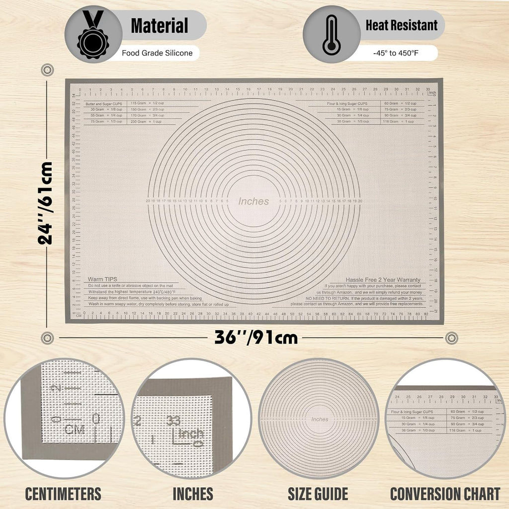 Silicone Pastry Mat 36x24 Inch - Nonstick Baking Mat Perfect for Dough, Pastry, Pie Crust, Fondant, Pasta/Pizza, Kitchen Counter