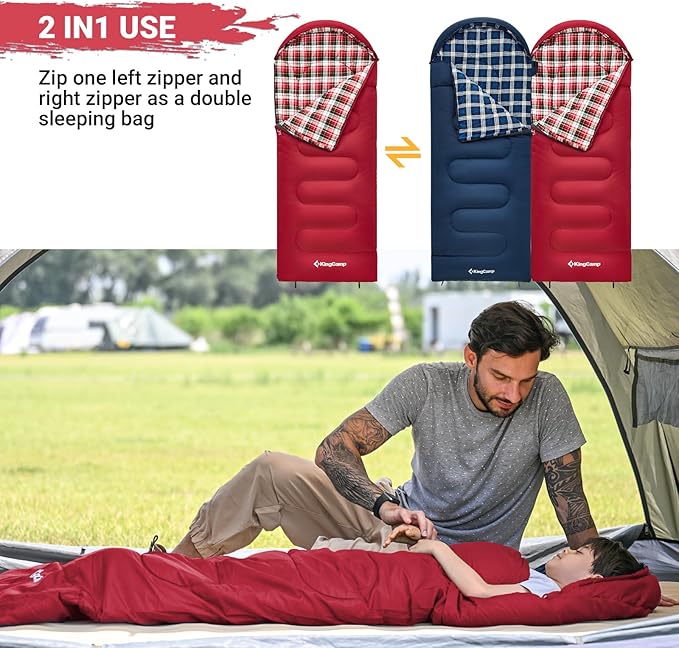KingCamp 45°F Kids Sleeping Bag, Lightweight Waterproof & Compact Flannel Sleeping Bags Cold Weather & Warm Youth Essentials Gear Accessories for Camping, Fits 10-12 Children up to 5'5" Tall