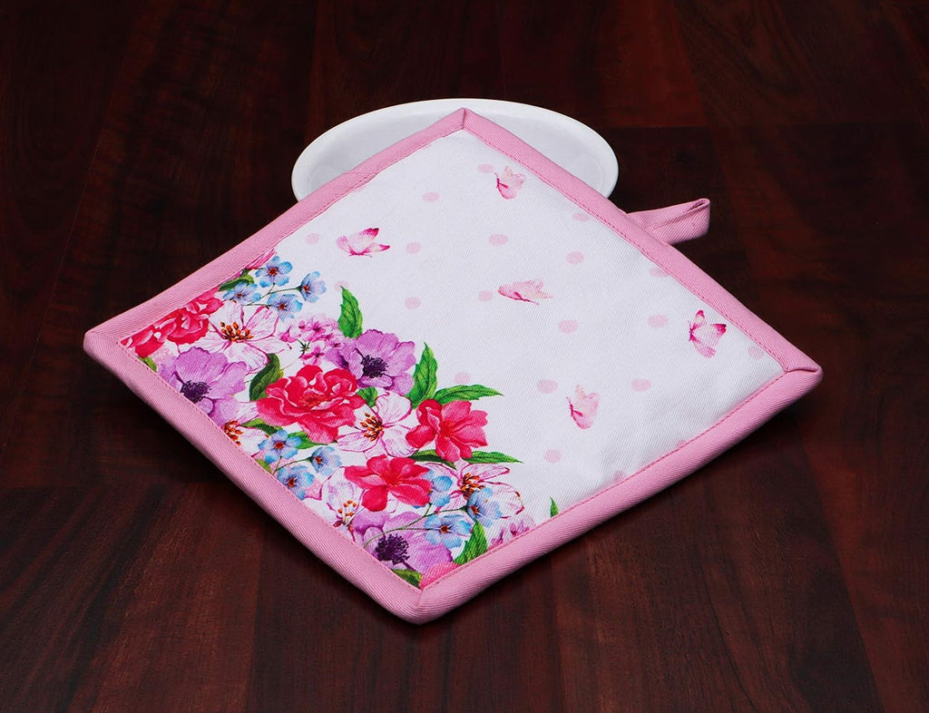 AMOUR INFINI Pot Holders Heat Resistant Cotton Set of 2 Nonslip 8"x8" Inch Hot Pads for Kitchen, BBQ, Baking & Cooking with Hanging Loops (Spring Floral)