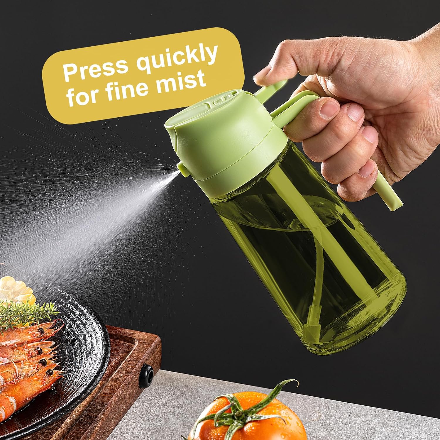 CXINYI - 16oz/470ml Olive Oil Dispenser for Kitchen with Stickers - 2 in 1 Olive Oil Sprayer for Cooking, Air Fryer, and Salad, Green (Light-Proof Kitchen Gadget)