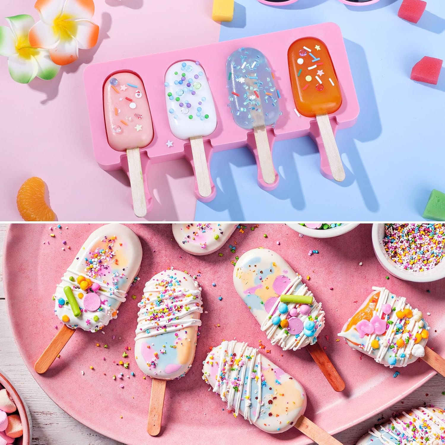 Ouddy Life Popsicle Molds Set of 2, Ice Pop Molds Silicone 4 Cavities Ice Cream Mold Oval Cake Pop Mold with 50 Wooden Sticks for DIY Popsicle (Pink)