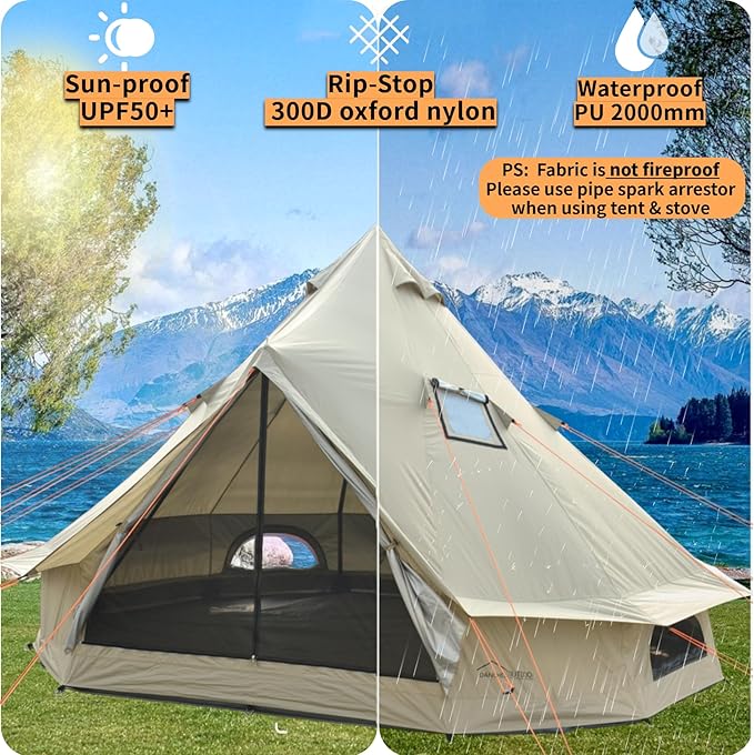 DANCHEL OUTDOOR B2 Waterproof Glamping Yurts for All Year Living with Stove Jack for 4/6 Person, Portable 4 Season Bell Tent for Camping Hot Tent 300D Oxford Nylon Glamping Accessories,13ft/16.4ft