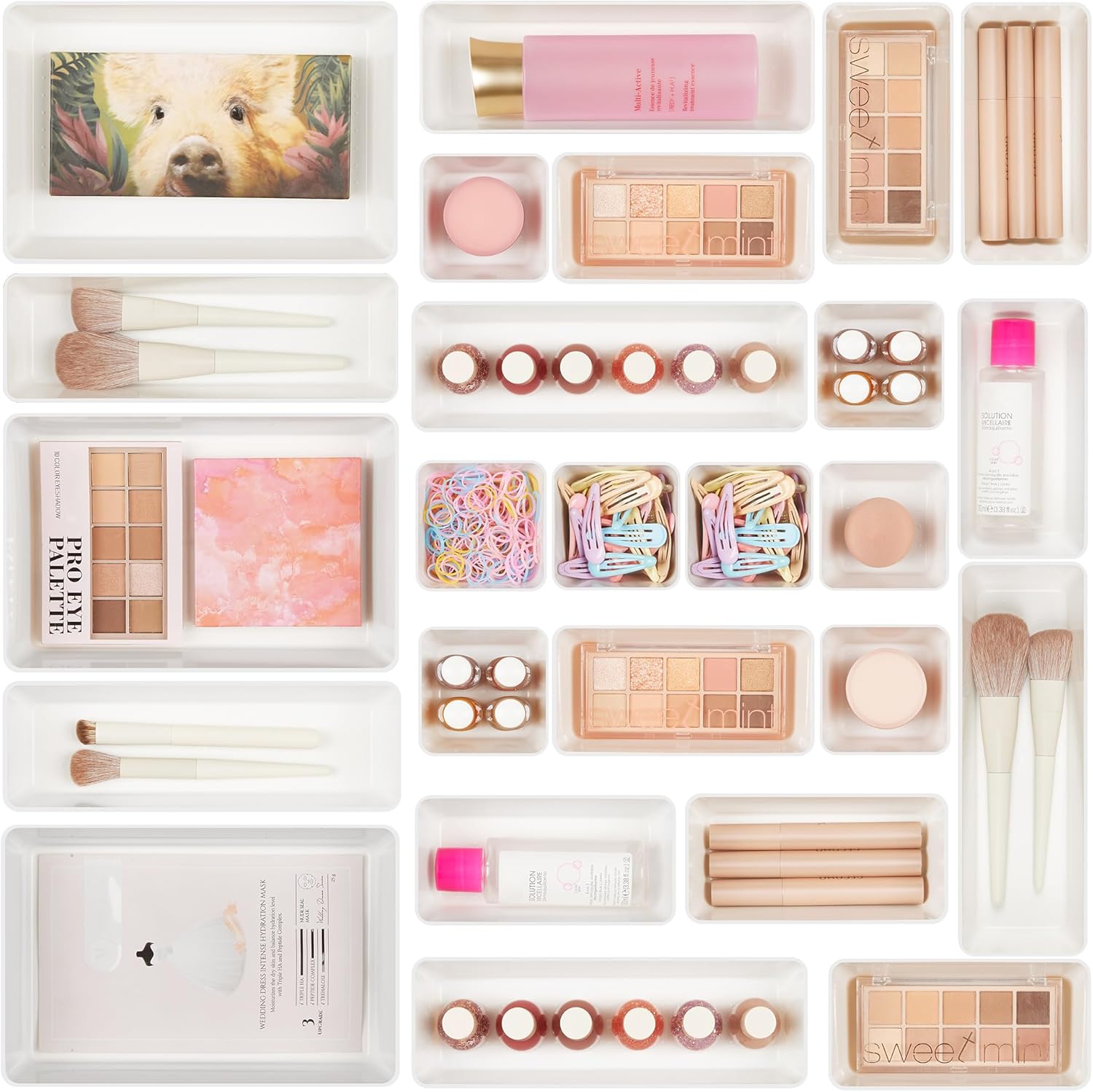 Vtopmart 25 PCS Plastic Drawer Organizers Set, 4-Size Versatile Bathroom and Vanity Drawer Organizer Trays, Storage Bins for Makeup, Bedroom, Kitchen Gadgets Utensils and Office