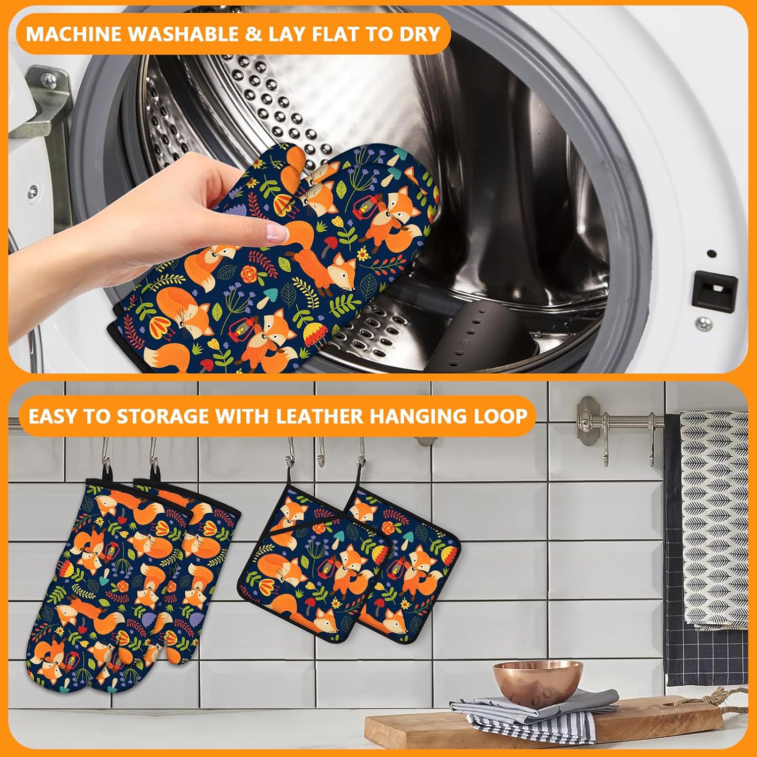 Cute Fox Oven Mitts and Pot Holders Sets 4Pcs,Extra Long Oven Gloves Potholder for Kitchen Cooking Baking BBQ 100% Cotton Heat Resistant