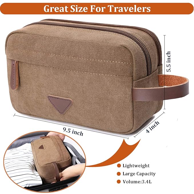 Mactso Mens Travel Toiletry Bag Canvas Leather Cosmetic Makeup Organizer Shaving Dopp Kits with Double Compartments (Coffee)
