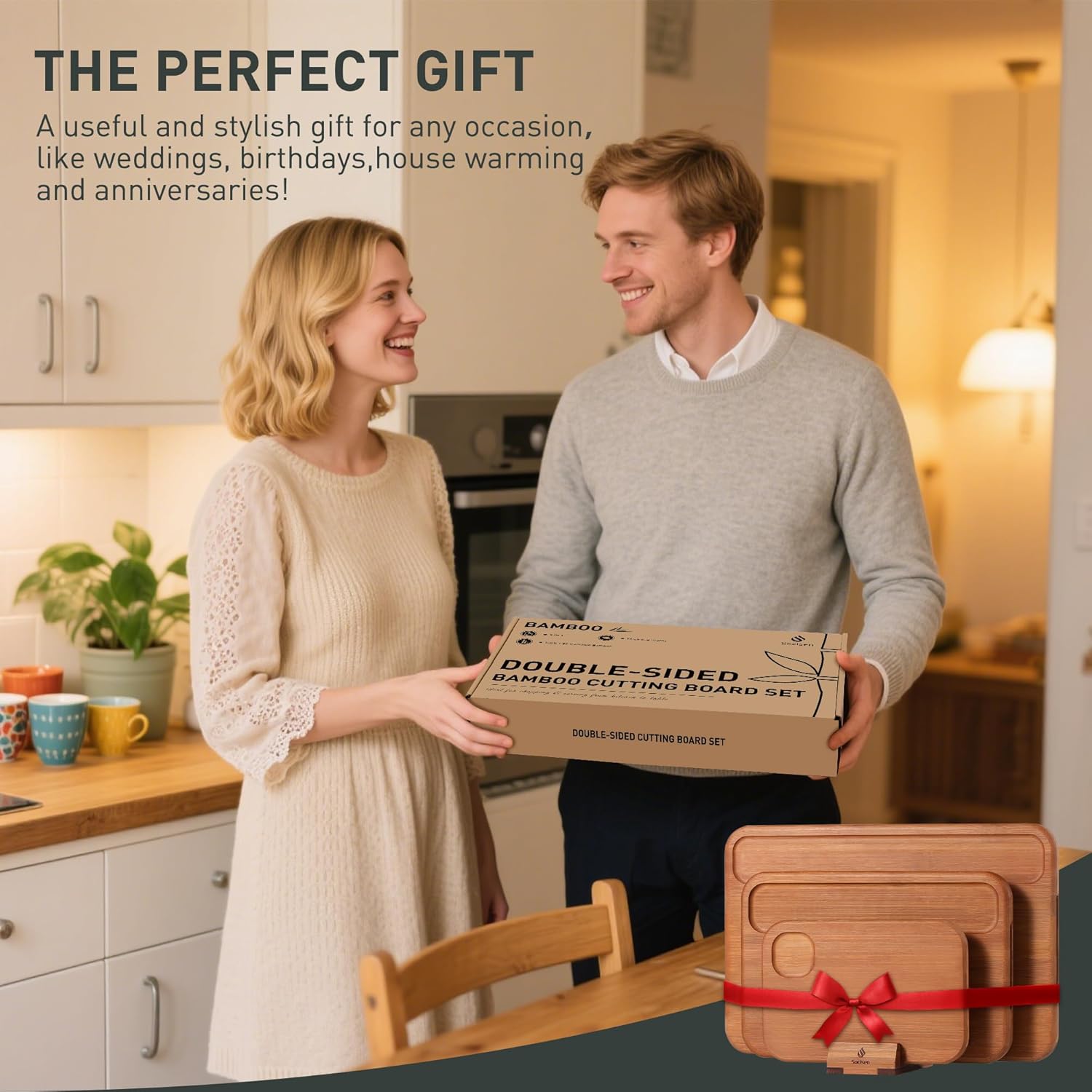 3 Packs Bamboo Cutting Board Set with Holder Nice Solid Thick Wood Deep Juice Groove & Built-in Handles Chopping Board Large Big Small Best Hardwood Kitchen Counter Organic Vegetable Meat BBQ Kit