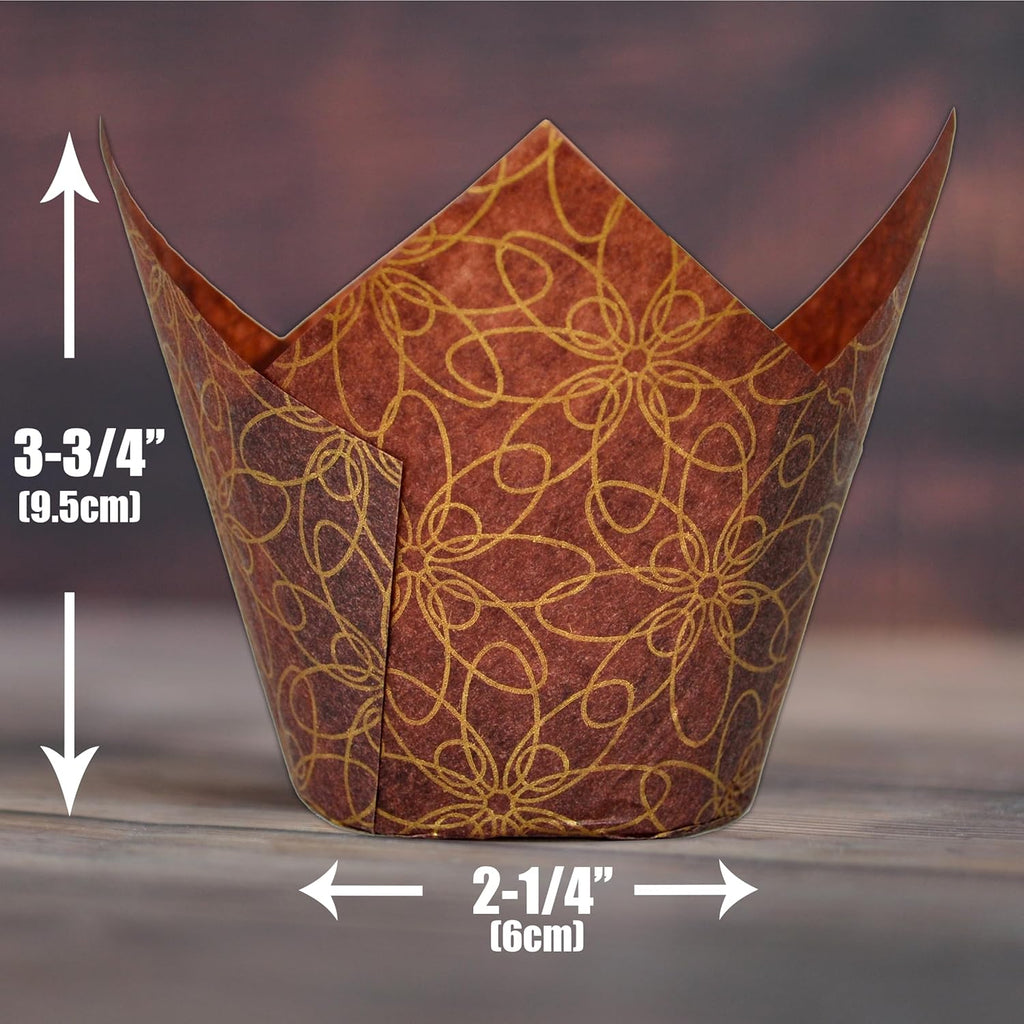 (JUMBO Large size) Brown Golden pattern Tulip Baking Cups 2-1/4"(Base diameter) x 3-3/4"(Wall height) Greaseproof paper Muffin liners, Case of 130 pcs