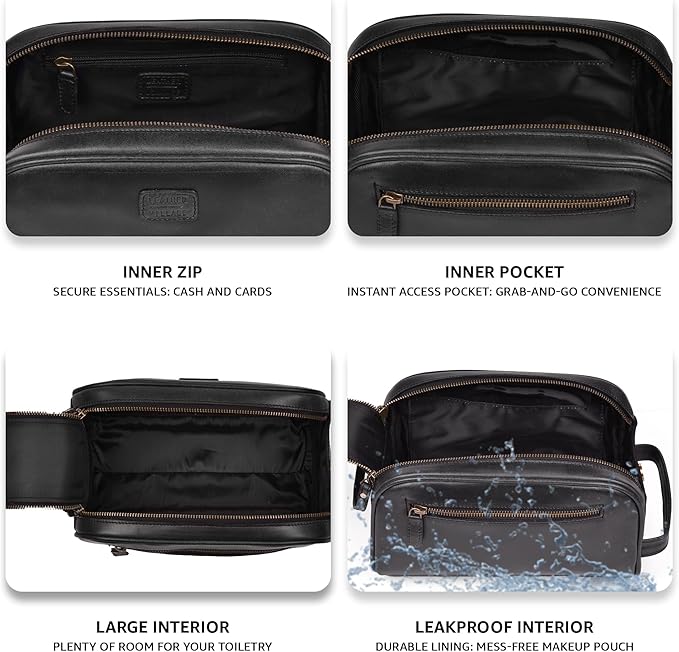 LEATHER VILLAGE Premium Leather Toiletry Travel Pouch With Waterproof Lining - Black | King-Size Handcrafted Vintage Dopp Kit Bag