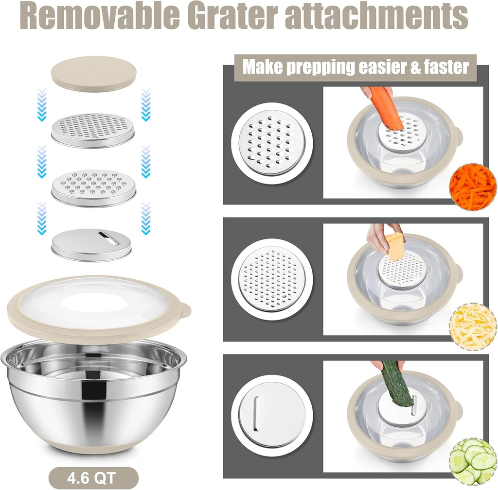 E-far Mixing Bowls with Lids Set, 15PCS Stainless Steel Mixing Nesting Bowl with Colander & 3 Metal Grater for Kitchen Prep/Baking/Storage, Non-Slip Bottom & Airtight Lid, 4.6, 3, 1.5, 1, 0.7QT, Khaki