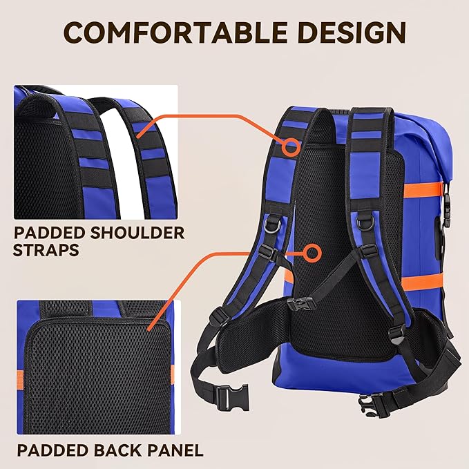 HEETA Waterproof Dry Bags Backpack 40L for Men & Women, Roll Top Heavy Duty Cushioned Hiking Backpack for Kayaking Boating Paddle Boarding Fishing Travel Camping Beach Vacation Cruise Ship Essentials