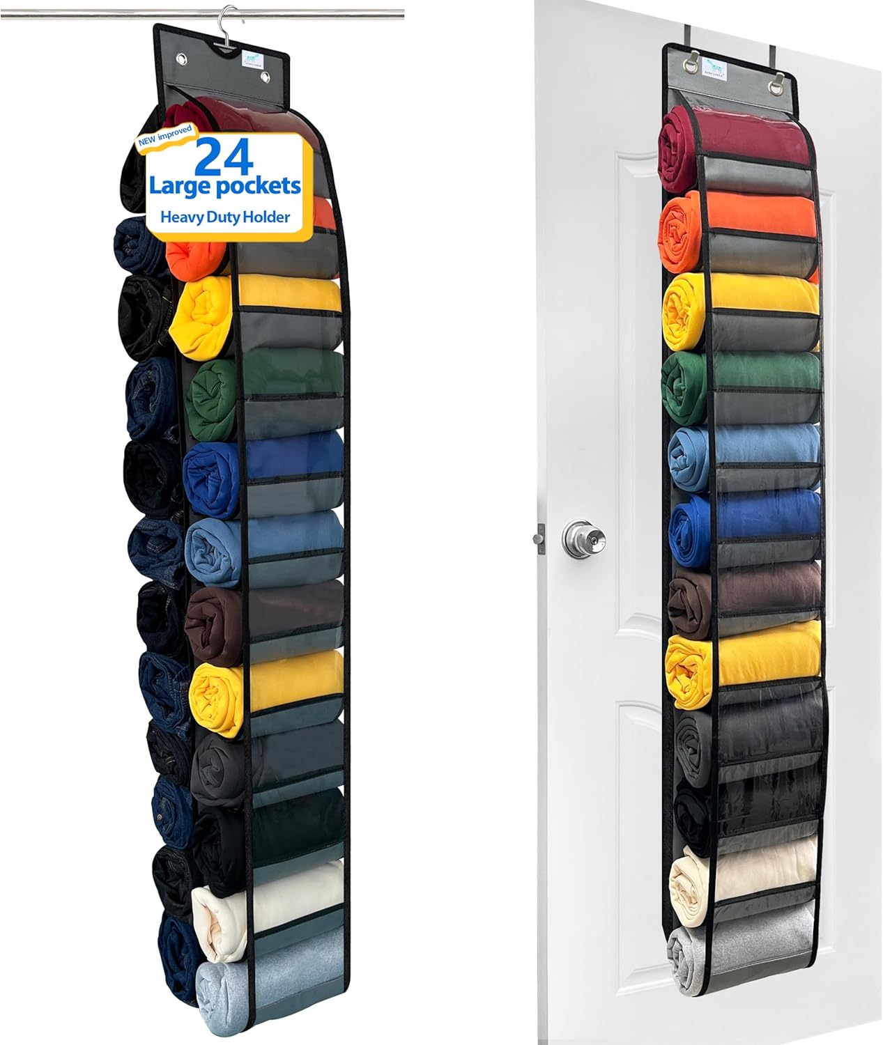 legging organizer, 24spacious pockets,closet organizers and storage,2024 NEW improved, leggings organizer for closet,Heavy Duty Hooks,legging storage,closet organizer,Grey/Black 1-pack