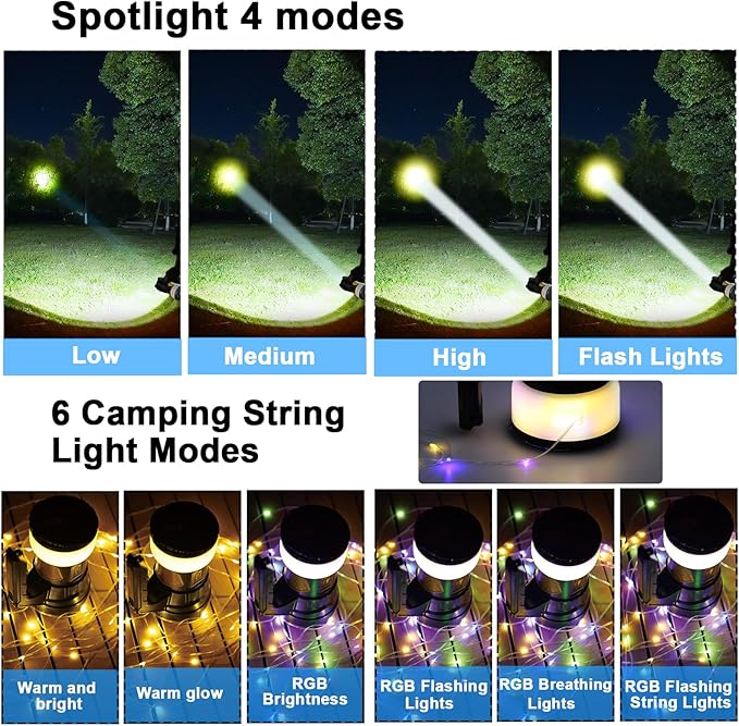 Waterproof 49ft LED Decorative String Light with Storage Box & 5H Runtime, Super Bright Flashlight (20H Spotlight) for Outdoor Patio, Camping, Garden Party Decoration