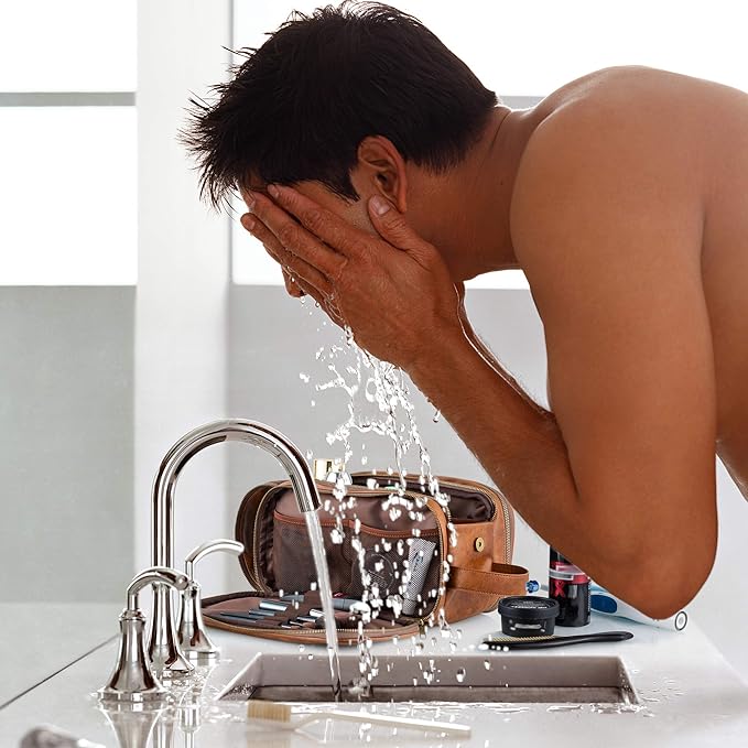 Elviros Travel Toiletry Bag for Men, Shaving Dopp Kit Water-resistant Bathroom Small Toiletries Organizer PU Leather Cosmetic Bags