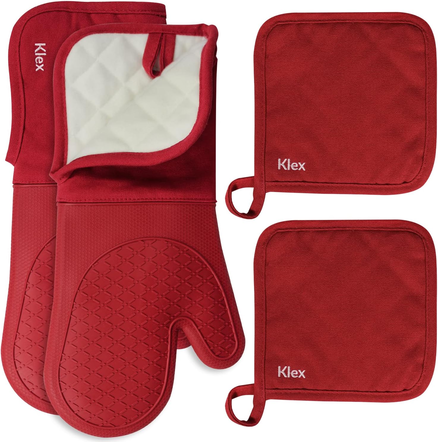 Klex Extra Long Silicone Oven Mitts and Pot Holders, 932°F Degrees Heat Resistance with Quilted Liner Oven Gloves and Hot Pads, 4 Piece Set, 15 inch, Red