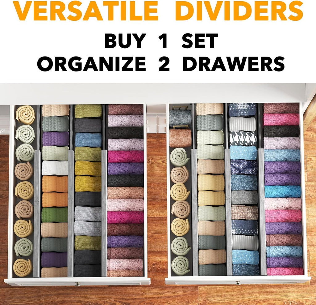 SpaceAid Bamboo Dresser Drawer Dividers 6 Pack, 4.65“ High Adjustable 17“-22” Drawer Organizers, Expandable Organization for Clothing, Clothes, Dressers, Gray