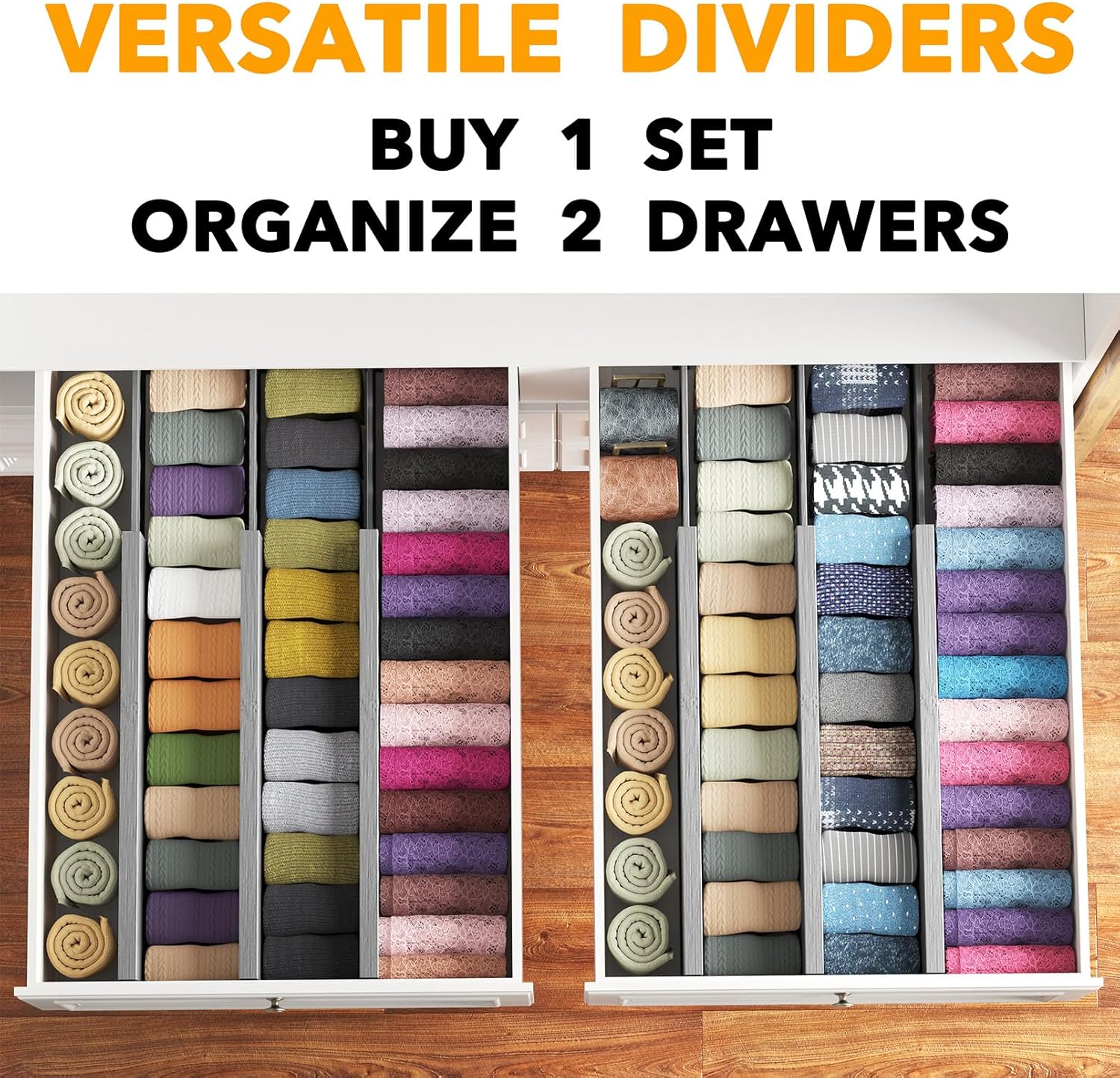 SpaceAid Bamboo Dresser Drawer Dividers 6 Pack, 4.65“ High Adjustable 17“-22” Drawer Organizers, Expandable Organization for Clothing, Clothes, Dressers, Gray