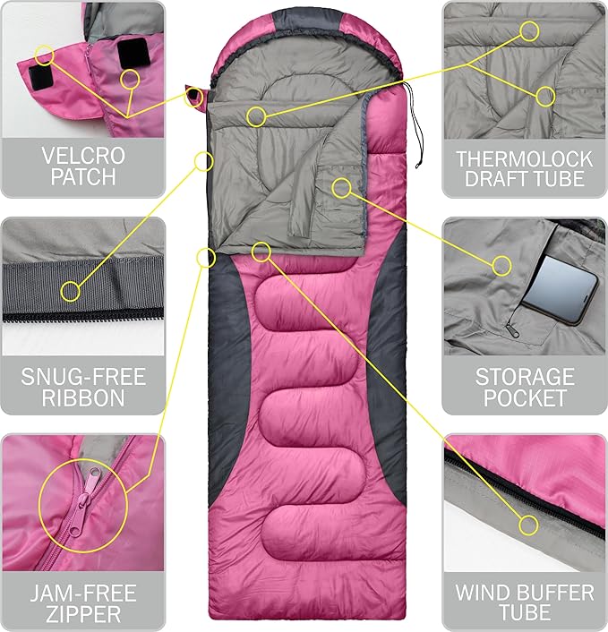 0 Degree Winter Sleeping Bags for Adults Camping (450GSM) - Temp Range (5F–32F) Portable Waterproof Compression Sack- Camping Sleeping Bags for Big and Tall in Env Hoodie: Backpacking Hiking 4 Season