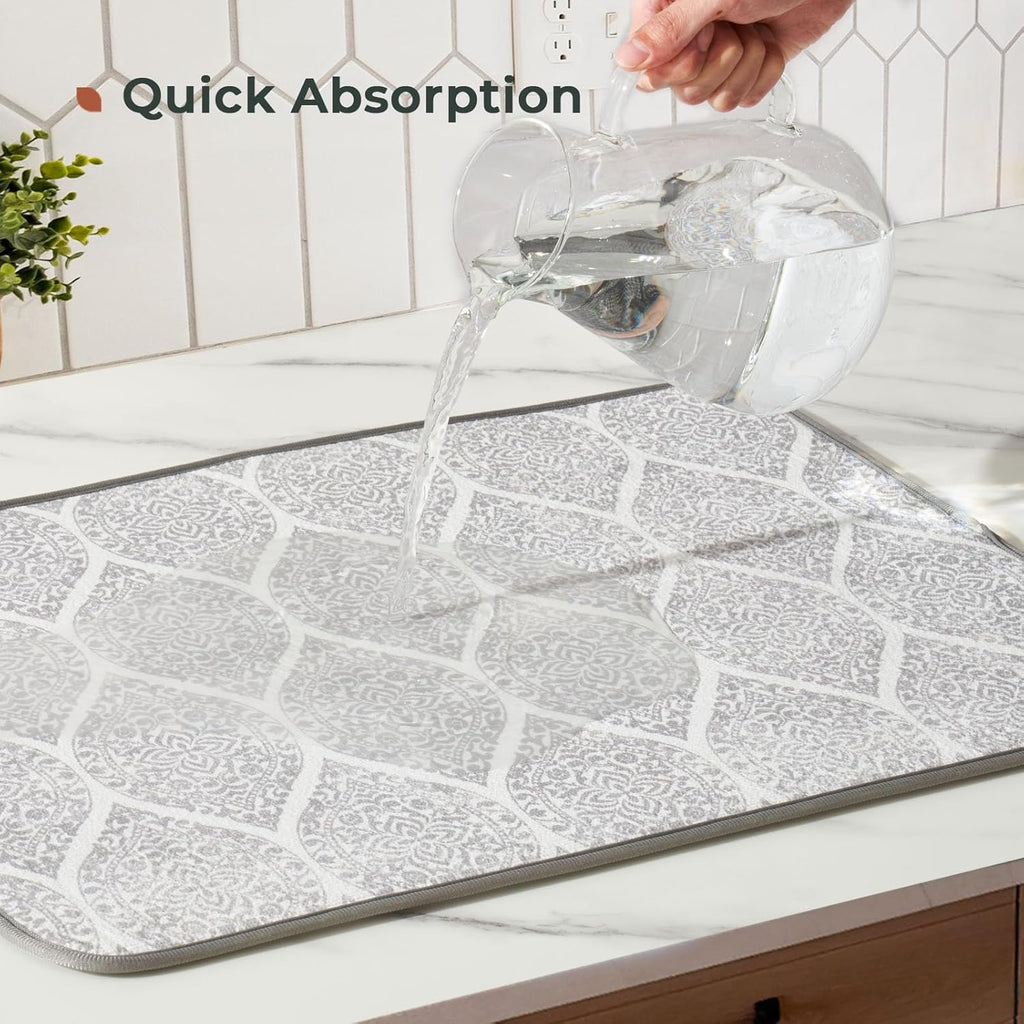 FRESHMINT Printed Dish Drying Mats for Kitchen Counter 2 Pack Absorbent Reversible Drying Mats Microfiber Kitchen Countertop Protector Dishes Drying Pad Extra Large 18"x16" Dish Mat