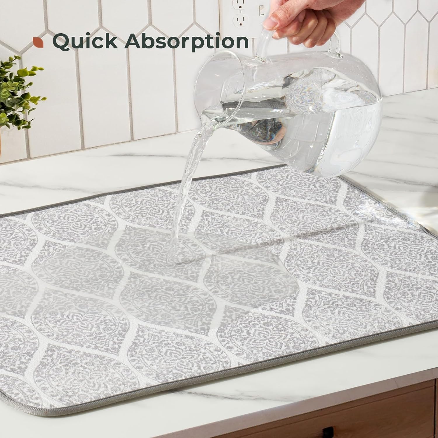 FRESHMINT Printed Dish Drying Mats for Kitchen Counter 2 Pack Absorbent Reversible Drying Mats Microfiber Kitchen Countertop Protector Dishes Drying Pad Extra Large 18"x16" Dish Mat