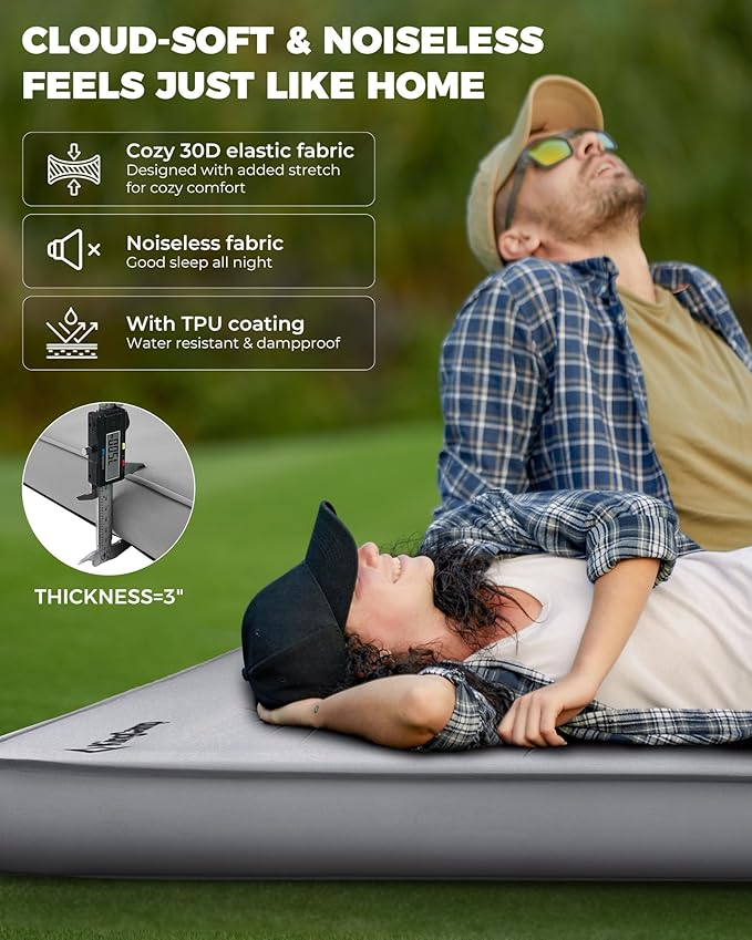 KingCamp Double Sleeping Pad, 2 Person Queen R 7.9 Self Inflating Sleeping Pad, 3" Thick Full Size Foam Mattress Mat with Air Pump for Outdoor Camping Tent Car, PVC Free (Grey)