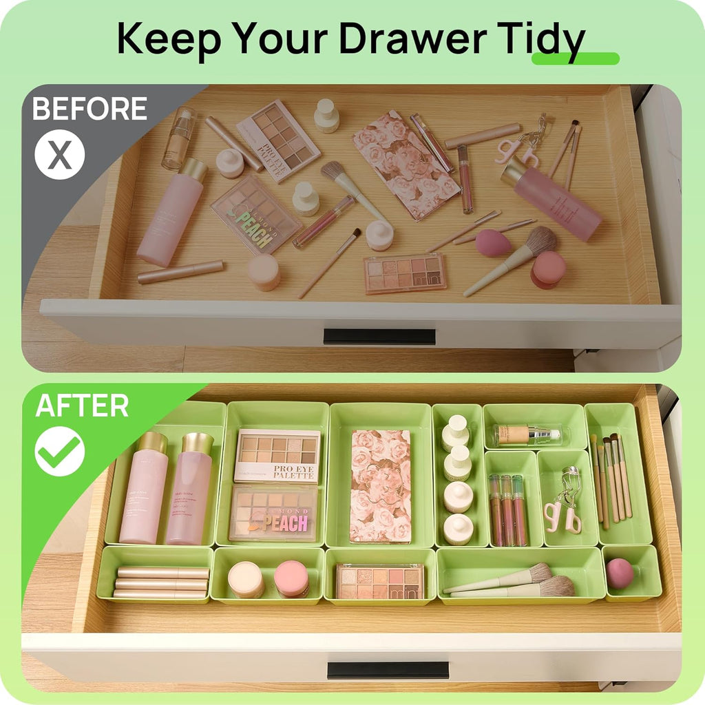 Vtopmart 25 PCS Plastic Drawer Organizers Set, 4-Size Versatile Bathroom and Vanity Drawer Organizer Trays, Storage Bins for Makeup, Bedroom, Kitchen Gadgets Utensils and Office