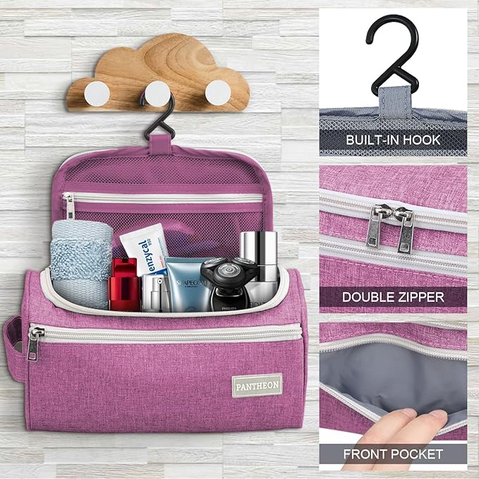 Pantheon Men's Toiletry Bag - Travel Toiletry Bag Wash Bag Hanging Dopp Kit Shaving Kit for Bathroom Shower - Mens Travel Bag Hanging Toiletry Organizer Toiletry Kit for Traveling (Pink)