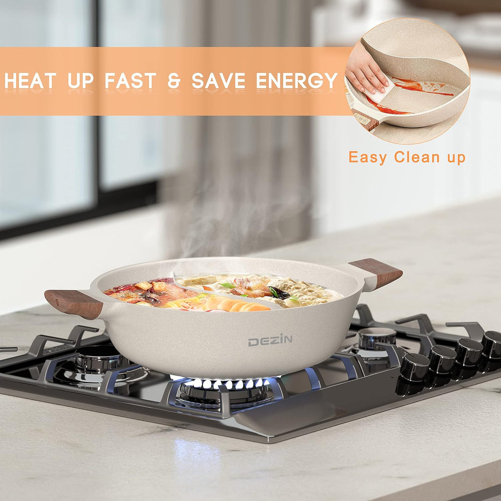 Dezin 5-QT Double-flavor Shabu Shabu Pot with Divider, Dual Sided Nonstick Hot Pot, 12 Inch Divided Stockpot for Cooking, Hotpot for Induction Cooktop, Gas Stove & Hot Burner, Soup Ladle Included