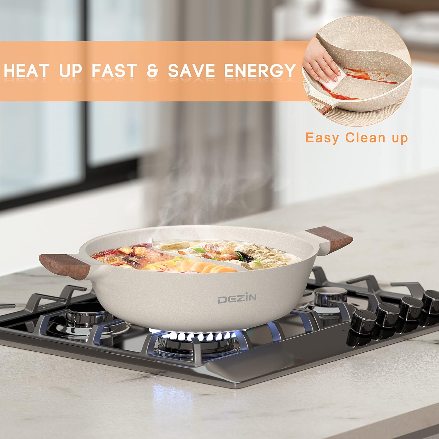 Dezin 5-QT Double-flavor Shabu Shabu Pot with Divider, Dual Sided Nonstick Hot Pot, 12 Inch Divided Stockpot for Cooking, Hotpot for Induction Cooktop, Gas Stove & Hot Burner, Soup Ladle Included