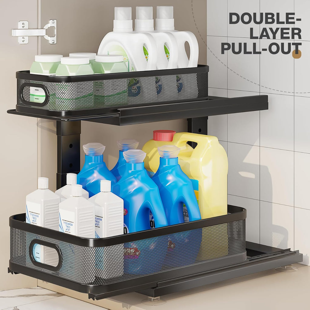 2 Pack Under Sink Organizer With Next-Gen Ball-Bearing Slides,2-Tier Precision Mesh Pull Out Cabinet Shelf Storage for Bathroom&Kitchen,Slide Out Drawers Height Adjustable,Rust-resistant