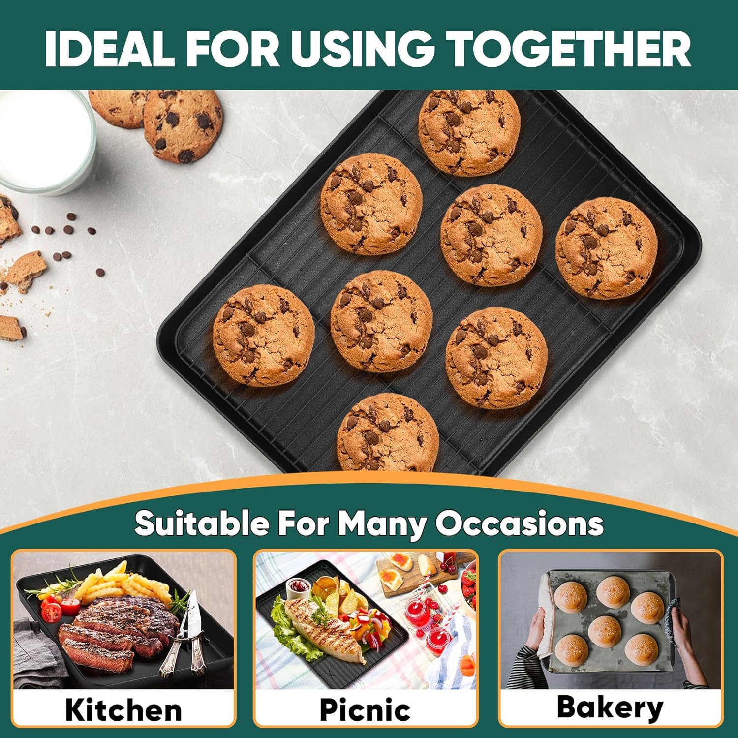 P&P CHEF Baking Oven Sheet Pan with Rack for Cookie, Nonstick Oven Tray and Cooling Rack for Baking & Roasting, Easy Clean, Black, 12.4 x 9.7 Inch