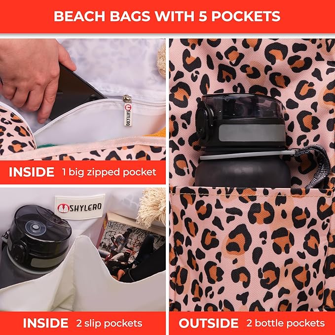 SHYLERO Beach Bag and Pool Bag. Has Airtight Pouch, Ton of Pockets. Beach Tote is Zippered, Water Resistant. Family Size