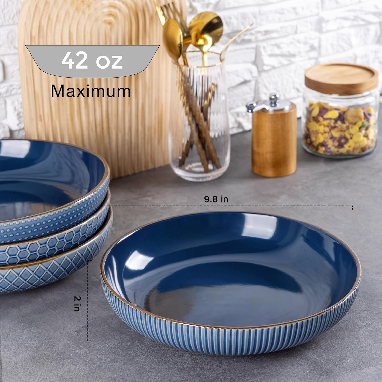 GBHOME 9.5'' Large Pasta Bowls, 42 Ounce Stoneware Salad Bowls for Kitchen, Ceramic Serving Bowls With Textured Pattern for Pasta,Fruit, Stews,Noodle, House-warming Gift, Set of 4-Moonlight Blue
