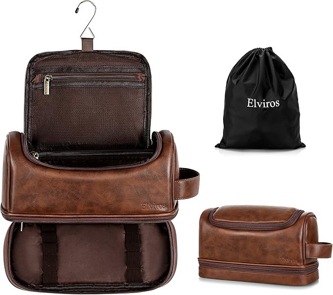 Elviros Toiletry Bag for Mens PU Leather Travel Organizer Kit with Hanging hook, Large Water-resistant Toiletries Bathroom Shaving Bags (Dark Brown)