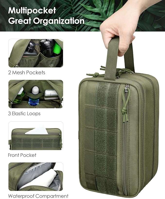 TACTICISM Toiletry Bag for Men - Dry Wet Separate Travel Toiletry Bag, Tactical Molle Dopp Kit for Men with Large Capacity, Water-Resistant Shaving Bag for Adult Women for Travel, Green