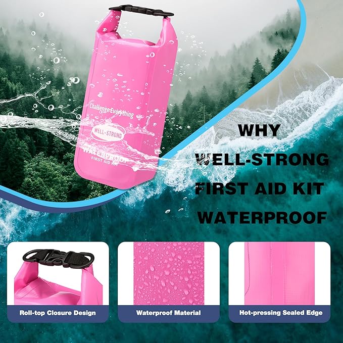 Waterproof First Aid Kit Roll Top Boat Emergency Kit with Waterproof Contents for Fishing Kayaking Boating Swimming Camping Rafting Beach Pink