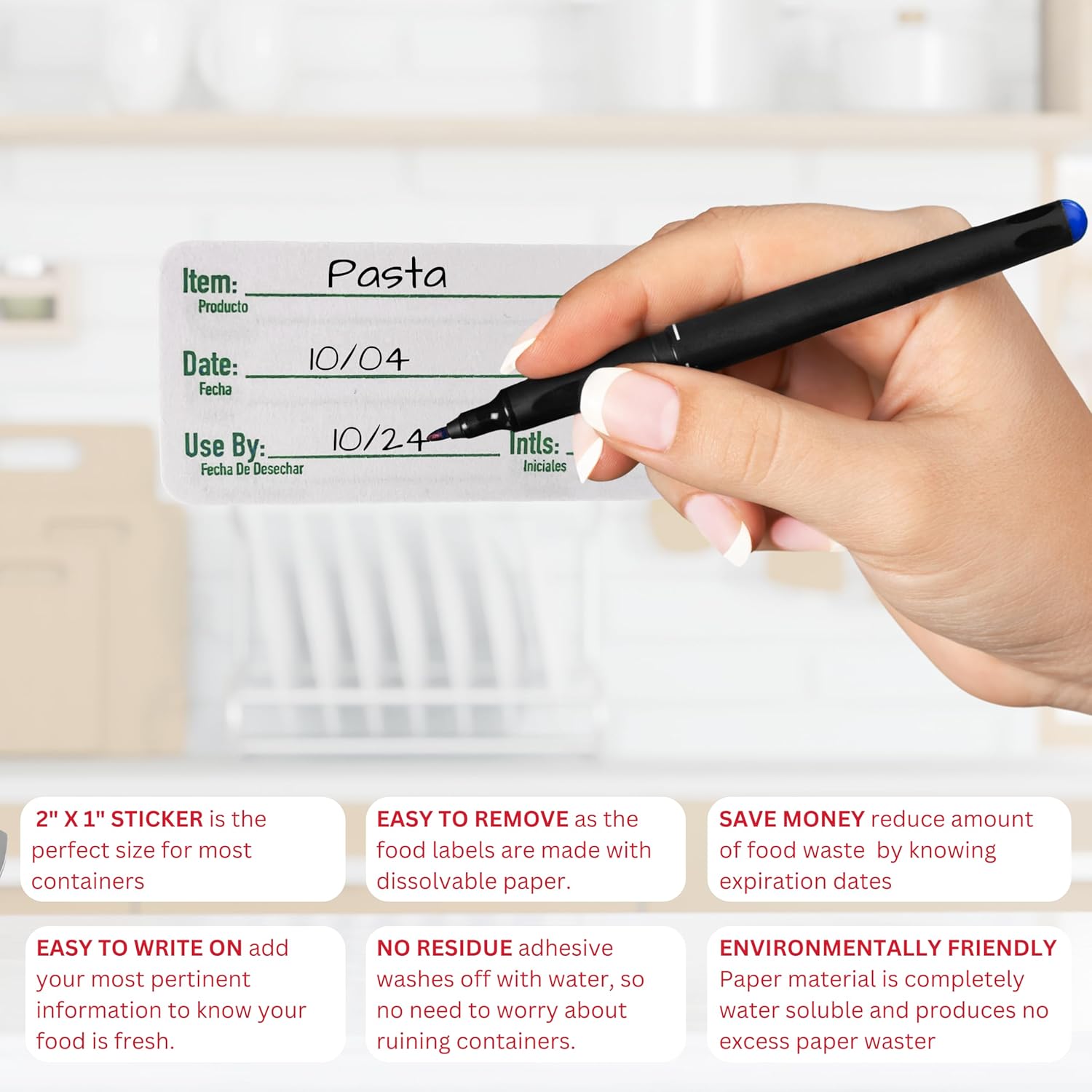 2x1 Dissolvable Food Labels, 500 Label Stickers, Bottle Labels for Storage Bins, Sticker Labels for Food containers, (500, Green)
