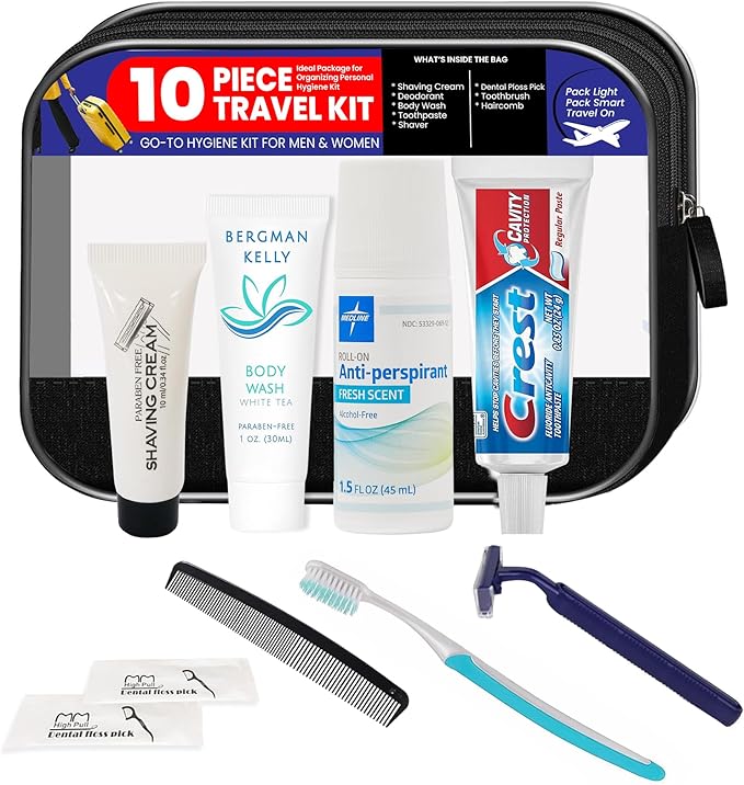 Trektote Travel Toiletry Kit For Men And Women – 10 Piece Set of Travel Size Toiletries, TSA Compliant, Includes Body Wash, Deodorant, Shaving Cream And Razor, Oral Care, Reusable Toiletry Bag & More